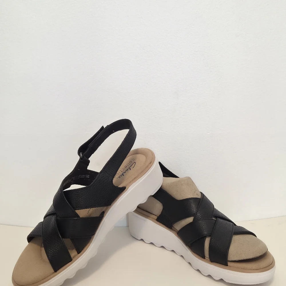Clark’s Women’s Jillian Black Leather Criss Cross Strappy Wedge Sandals
